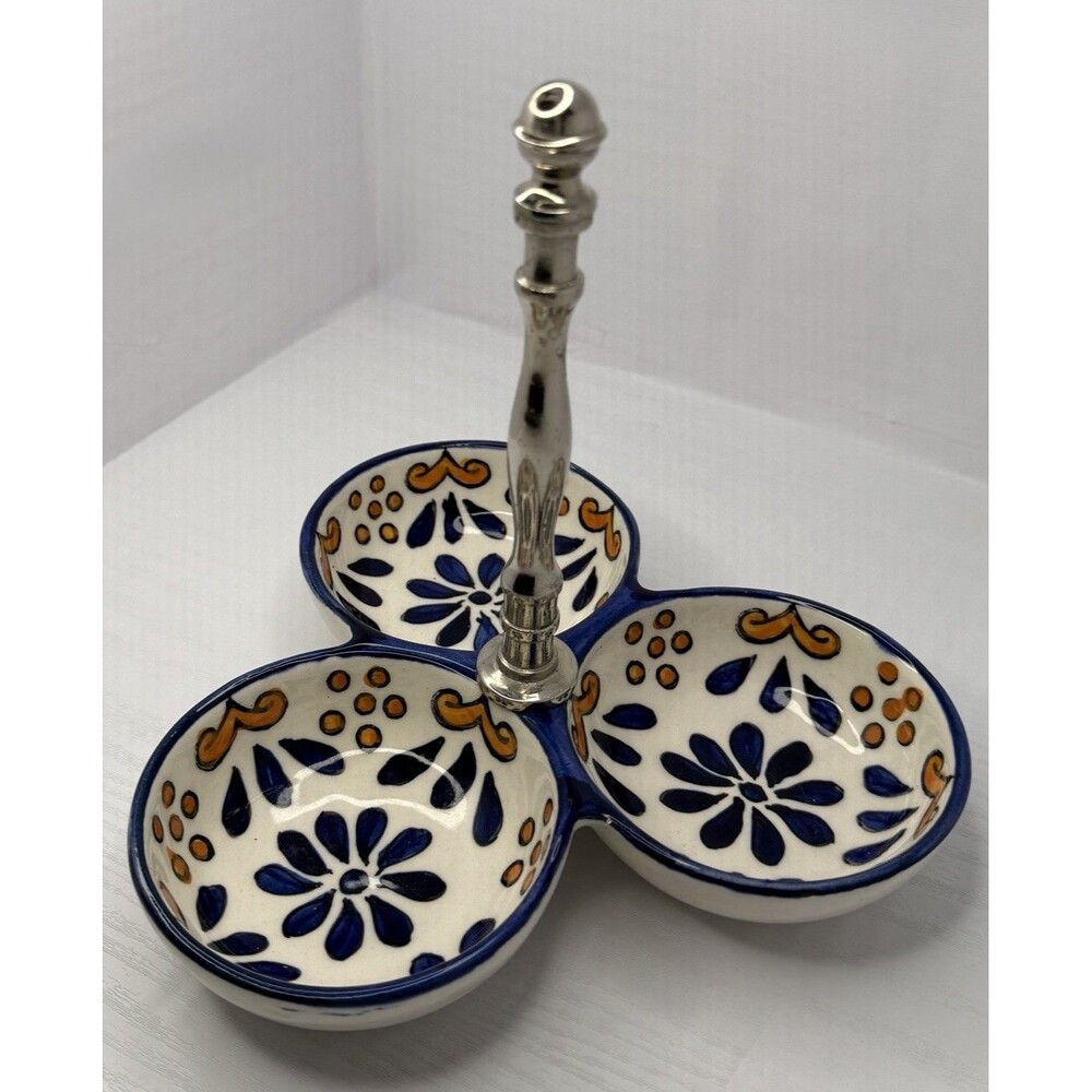 Blue and White Turkish Floral Hand Painted Ceramic 3 Section Condiment Bowl